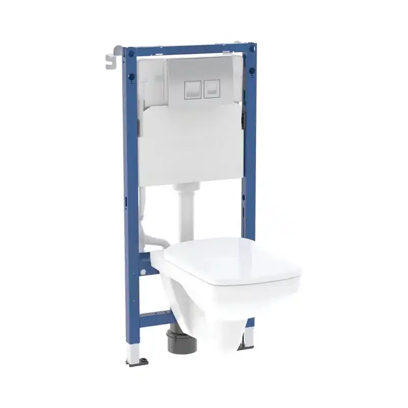 Geberit Duofix Basic Selnova Square Zestaw Toaleta WC Rimfree bez kołnierza krótka biała + deska wolnoopadająca + stelaż WC + przycisk WC Delta35 chrom połysk 118.340.21.3