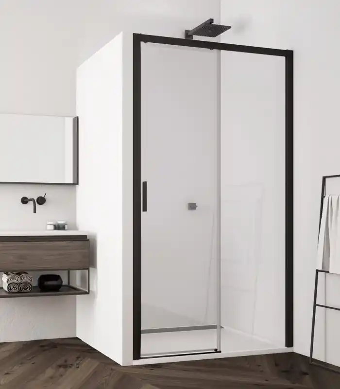 Ronal Sanswiss Top-Line S Black TLS2 G Drzwi prysznicowe przesuwne 160x200 cm ze ścianką stałą lewe profile czarny mat szkło przezroczyste Aquaperle TLS2G1600607